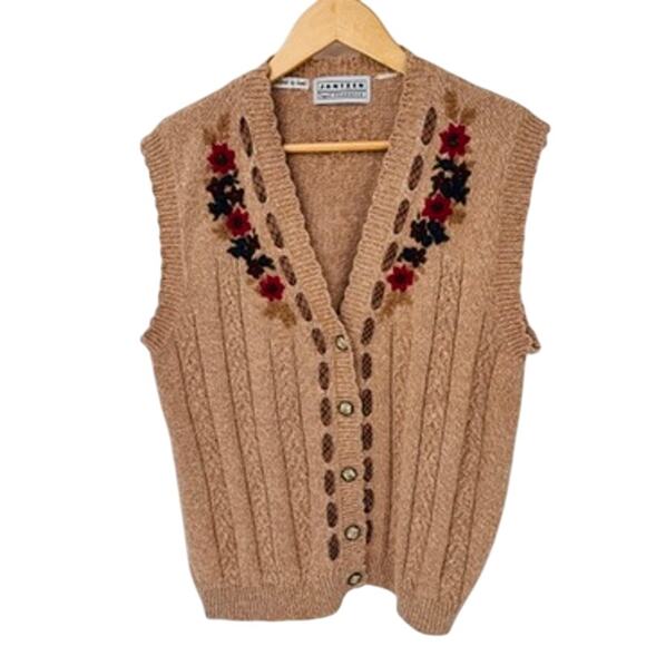 Vintage Jantzen Granny Sweater‎ Vest Womens L Tan Cable Knit Embroidered Floral - Picture 1 of 8